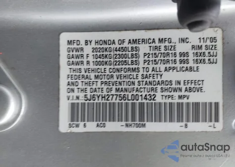 2006 Honda Element Ex-P z USA, uszkodzony, nr VIN 5J6YH27756L001432